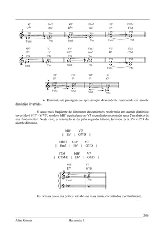 _________________________________________________________________________________




                       • Diminuto de passagem ou aproximação descendente resolvendo em acorde
diatônico invertido.

                 O caso mais freqüente de diminutos descendentes resolvendo em acorde diatônico
invertido é bIIIº - V7/5ª, sendo o bIIIº equivalente ao V7 secundário encontrado uma 2ªm abaixo de
sua fundamental. Neste caso, a resolução se dá pelo segundo trítono, formado pela 3ªm e 7ªD do
acorde diminuto.

                                      bIIIº      V7
                                   || Ebº      | G7/D   ||

                                  IIIm7 bIIIº        V7
                               || Em7 | Ebº        | G7/D    ||

                                  I7M           bIIIº V7
                              || C7M/E        | Ebº | G7/D        ||




                Os demais casos, na prática, são de uso mais raros, encontrados eventualmente.




_____________________________________________________________________________ 308
Alan Gomes                               Harmonia 1
 