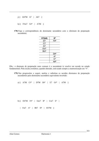 _________________________________________________________________________________


         j) || Gb7M      Gº    |    Ab7    ||


         k) ||   F#m7    G#º       | A7M        ||


     178) Faça a correspondência do dominante secundário com o diminuto de preparação
         ascendente:

                                           V7(b9)              Xº
                                            D7                 F#º
                                            C7
                                            A7
                                            Eb7
                                            Bb7
                                                               D#º
                                                               Aº
                                                               Cº
                                                               A#º

Obs.: o diminuto de preparação mais comum é o ascendente (e resolve em acorde no estado
fundamental). Pela escala cromática, quando alterado, será usado sempre a enarmonização em “#”.

     179) Nas progressões a seguir, analise e substitua os acordes diminutos de preparação
         ascendentes pelo dominante secundário equivalente invertido:


         a) || A7M      C#º    | D7M            D#º    | E7     G#º      | A7M   ||




         b) || Eb7M      F#º       | Gm7        Bº     | Cm7        Eº   |


             |   Fm7    Aº    | Bb7       Dº         | Eb7M    ||




_____________________________________________________________________________ 321
Alan Gomes                                 Harmonia 1
 