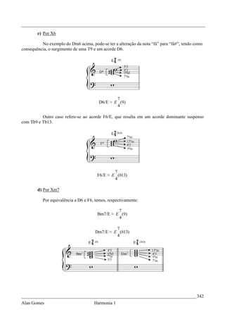 _________________________________________________________________________________
        c) Por X6

          No exemplo do Dm6 acima, pode-se ter a alteração da nota “fá” para “fá#”, tendo como
consequência, o surgimento de uma T9 e um acorde D6.




                                                 7
                                         D6/E ≈ E (9)
                                                 4

          Outro caso refere-se ao acorde F6/E, que resulta em um acorde dominante suspenso
com Tb9 e Tb13.




                                                7
                                        F6/E ≈ E (b13)
                                                4

        d) Por Xm7

           Por equivalência a D6 e F6, temos, respectivamente:

                                                 7
                                        Bm7/E ≈ E (9)
                                                 4

                                               7
                                      Dm7/E ≈ E (b13)
                                               4




_____________________________________________________________________________ 342
Alan Gomes                            Harmonia 1
 