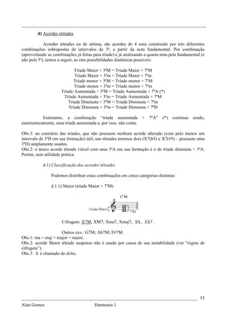 _________________________________________________________________________________
        d) Acordes tétrades

            Acordes tétrades ou de sétima, são acordes de 4 sons construído por três diferentes
combinações sobrepostas de intervalos de 3ª, a partir da nota fundamental. Por combinação
(aproveitando as combinações já feitas para tríade) e já analisando a quarta nota pela fundamental (e
não pela 5ª), temos a seguir, as oito possibilidades diatônicas possíveis:

                            Tríade Maior + 3ªM = Tríade Maior + 7ªM
                            Tríade Maior + 3ªm = Tríade Maior + 7ªm
                            Tríade menor + 3ªM = Tríade menor + 7ªM
                            Tríade menor + 3ªm = Tríade menor + 7ªm
                     Tríade Aumentada + 3ªM = Tríade Aumentada + 7ªA (*)
                      Tríade Aumentada + 3ªm = Tríade Aumentada + 7ªM
                         Tríade Diminuta + 3ªM = Tríade Diminuta + 7ªm
                         Tríade Diminuta + 3ªm = Tríade Diminuta + 7ªD

          Entretanto, a combinação “tríade aumentada              +   7ªA”   (*)   continua   sendo,
enarmonicamente, uma tríade aumentada e, por isso, não conta.

Obs.1: ao contrário das tríades, que não possuem nenhum acorde alterado (com pelo menos um
intervalo de 3ªD em sua formação) útil, nas tétrades teremos dois (X7(b5) e X7(#5) – possuem uma
3ªD) amplamente usados.
Obs.2: o único acorde tétrade viável com uma 3ªA em sua formação é o de tríade diminuta + 3ªA.
Porém, sem utilidade prática.

           d.1) Classificação dos acordes tétrades

                Podemos distribuir estas combinações em cinco categorias distintas:

                d.1.1) Maior (tríade Maior + 7ªM)




                      Cifragem: X7M, XM7; Xma7, Xmaj7, X∆ , X∆ 7 .

                    Outros exs.: G7M; Ab7M; F#7M.
Obs.1: ma = maj = major = maior.
Obs.2: acorde Maior tétrade suspenso não é usado por causa de sua instabilidade (ver “regras de
cifragem”)
Obs.3: ∆ é chamado de delta.




_____________________________________________________________________________ 55
Alan Gomes                              Harmonia 1
 