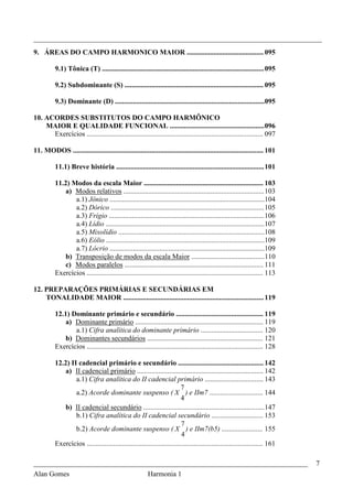 _________________________________________________________________________________
9. ÁREAS DO CAMPO HARMONICO MAIOR ........................................... 095

          9.1) Tônica (T) ........................................................................................... 095

          9.2) Subdominante (S) .............................................................................. 095

          9.3) Dominante (D) ....................................................................................095

10. ACORDES SUBSTITUTOS DO CAMPO HARMÔNICO
    MAIOR E QUALIDADE FUNCIONAL ..................................................... 096
      Exercícios ................................................................................................... 097

11. MODOS ........................................................................................................... 101

          11.1) Breve história ................................................................................... 101

          11.2) Modos da escala Maior ................................................................... 103
             a) Modos relativos ............................................................................... 103
                 a.1) Jônico .......................................................................................104
                 a.2) Dórico ...................................................................................... 105
                 a.3) Frígio ....................................................................................... 106
                 a.4) Lídio ......................................................................................... 107
                 a.5) Mixolídio .................................................................................. 108
                 a.6) Eólio .........................................................................................109
                 a.7) Lócrio .......................................................................................109
             b) Transposição de modos da escala Maior ......................................... 110
              c) Modos paralelos .............................................................................. 111
          Exercícios ................................................................................................... 113

12. PREPARAÇÕES PRIMÁRIAS E SECUNDÁRIAS EM
    TONALIDADE MAIOR ............................................................................... 119

          12.1) Dominante primário e secundário ................................................. 119
             a) Dominante primário ........................................................................ 119
                 a.1) Cifra analítica do dominante primário ................................... 120
              b) Dominantes secundários ................................................................. 121
          Exercícios ................................................................................................... 128

          12.2) II cadencial primário e secundário ................................................ 142
             a) II cadencial primário ....................................................................... 142
                  a.1) Cifra analítica do II cadencial primário ................................. 143
                                                                          7
                  a.2) Acorde dominante suspenso ( X ) e IIm7 .............................. 144
                                                                          4
              b) II cadencial secundário .................................................................... 147
                  b.1) Cifra analítica do II cadencial secundário ............................. 153
                                                                          7
                  b.2) Acorde dominante suspenso ( X ) e IIm7(b5) ....................... 155
                                                                          4
          Exercícios ................................................................................................... 161

_____________________________________________________________________________                                                  7
Alan Gomes                      Harmonia 1
 