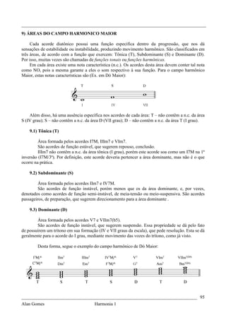 _________________________________________________________________________________
9) ÁREAS DO CAMPO HARMONICO MAIOR

     Cada acorde diatônico possui uma função específica dentro da progressão, que nos dá
sensações de estabilidade ou instabilidade, produzindo movimento harmônico. São classificados em
três áreas, de acordo com a função que exercem: Tônica (T), Subdominante (S) e Dominante (D).
Por isso, muitas vezes são chamadas de funções tonais ou funções harmônicas.
     Em cada área existe uma nota característica (n.c.). Os acordes desta área devem conter tal nota
como NO, pois a mesma garante a eles o som respectivo à sua função. Para o campo harmônico
Maior, estas notas características são (Ex. em Dó Maior):




    Além disso, há uma ausência específica nos acordes de cada área: T – não contêm a n.c. da área
S (IV grau); S – não contêm a n.c. da área D (VII grau); D – não contêm a n.c. da área T (I grau).

    9.1) Tônica (T)

         Área formada pelos acordes I7M, IIIm7 e VIm7.
         São acordes de função estável, que sugerem repouso, conclusão.
         IIIm7 não contêm a n.c. da área tônica (I grau), porém este acorde soa como um I7M na 1ª
inversão (I7M/3ª). Por definição, este acorde deveria pertencer a área dominante, mas não é o que
ocorre na prática.

    9.2) Subdominante (S)

         Área formada pelos acordes IIm7 e IV7M.
         São acordes de função instável, porém menos que os da área dominante, e, por vezes,
denotados como acordes de função semi-instável, de meia-tensão ou meio-suspensiva. São acordes
passageiros, de preparação, que sugerem direcionamento para a área dominante .

    9.3) Dominante (D)

        Área formada pelos acordes V7 e VIIm7(b5).
        São acordes de função instável, que sugerem suspensão. Essa propriedade se dá pelo fato
de possuírem um trítono em sua formação (IV e VII graus da escala), que pede resolução. Esta se dá
geralmente para o acorde do I grau, mediante movimento das vozes do trítono, como já visto.

        Desta forma, segue o exemplo do campo harmônico de Dó Maior:




_____________________________________________________________________________ 95
Alan Gomes                      Harmonia 1
 