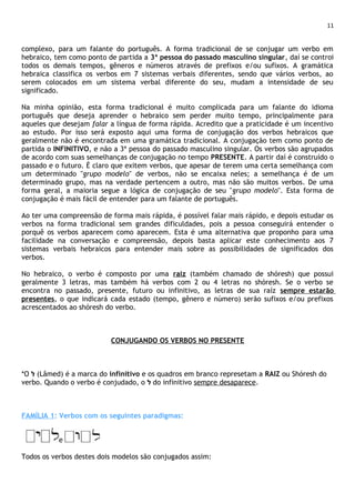 11
complexo, para um falante do português. A forma tradicional de se conjugar um verbo em
hebraico, tem como ponto de partida a 3ª pessoa do passado masculino singular, daí se controi
todos os demais tempos, gêneros e números através de prefixos e/ou sufixos. A gramática
hebraica classifica os verbos em 7 sistemas verbais diferentes, sendo que vários verbos, ao
serem colocados em um sistema verbal diferente do seu, mudam a intensidade de seu
significado.
Na minha opinião, esta forma tradicional é muito complicada para um falante do idioma
português que deseja aprender o hebraico sem perder muito tempo, principalmente para
aqueles que desejam falar a língua de forma rápida. Acredito que a praticidade é um incentivo
ao estudo. Por isso será exposto aqui uma forma de conjugação dos verbos hebraicos que
geralmente não é encontrada em uma gramática tradicional. A conjugação tem como ponto de
partida o INFINITIVO, e não a 3ª pessoa do passado masculino singular. Os verbos são agrupados
de acordo com suas semelhanças de conjugação no tempo PRESENTE. A partir daí é construído o
passado e o futuro. É claro que exitem verbos, que apesar de terem uma certa semelhança com
um determinado "grupo modelo" de verbos, não se encaixa neles; a semelhança é de um
determinado grupo, mas na verdade pertencem a outro, mas não são muitos verbos. De uma
forma geral, a maioria segue a lógica de conjugação de seu "grupo modelo". Esta forma de
conjugação é mais fácil de entender para um falante de português.
Ao ter uma compreensão de forma mais rápida, é possível falar mais rápido, e depois estudar os
verbos na forma tradicional sem grandes dificuldades, pois a pessoa conseguirá entender o
porquê os verbos aparecem como aparecem. Esta é uma alternativa que proponho para uma
facilidade na conversação e compreensão, depois basta aplicar este conhecimento aos 7
sistemas verbais hebraicos para entender mais sobre as possibilidades de significados dos
verbos.
No hebraico, o verbo é composto por uma raiz (também chamado de shóresh) que possui
geralmente 3 letras, mas também há verbos com 2 ou 4 letras no shóresh. Se o verbo se
encontra no passado, presente, futuro ou infinitivo, as letras de sua raíz sempre estarão
presentes, o que indicará cada estado (tempo, gênero e número) serão sufixos e/ou prefixos
acrescentados ao shóresh do verbo.
CONJUGANDO OS VERBOS NO PRESENTE
*O ‫ל‬ (Lâmed) é a marca do infinitivo e os quadros em branco represetam a RAIZ ou Shóresh do
verbo. Quando o verbo é conjudado, o ‫ל‬ do infinitivo sempre desaparece.
FAMÍLIA 1: Verbos com os seguintes paradigmas:
. e
Todos os verbos destes dois modelos são conjugados assim:
 