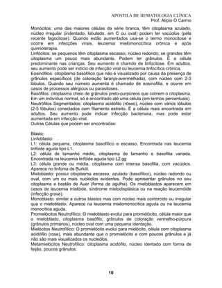 APOSTILA DE HEMATOLOGIA CLÍNICA
Prof. Alípio O Carmo
Monócitos: uma das maiores células da série branca, têm citoplasma azulado,
núcleo irregular (indentado, lobulado, em C ou oval) podem ter vacúolos (pela
recente fagocitose). Quando estão aumentados usa-se o termo monocitose e
ocorre em infecções virais, leucemia mielomonocítica crônica e após
quimioterapia.
Linfócitos: se pequenos têm citoplasma escasso, núcleo redondo; se grandes têm
citoplasma um pouco mais abundante. Podem ter grânulos. É a célula
predominante nas crianças. Seu aumento é chamdo de linfocitose. Em adultos,
seu aumento pode ser indício de infecção viral ou leucemia linfocítica crônica.
Eosinófilos: citoplasma basofílico que não é visualizado por causa da presença de
grânulos específicos (de coloração laranja-avermelhada), com núcleo com 2-3
lóbulos. Quando seu número aumenta é chamado de eosinofilia, e ocorre em
casos de processos alérgicos ou parasitoses.
Basófilos: citoplasma cheio de grânulos preto-purpúreos que cobrem o citoplasma.
Em um indivíduo normal, só é encontrado até uma célula (em termos percentuais).
Neutrófilos Segmentados: citoplasma acidófilo (róseo), núcleo com vários lóbulos
(2-5 lóbulos) conectados com filamento estreito. É a célula mais encontrada em
adultos. Seu aumento pode indicar infecção bacteriana, mas pode estar
aumentada em infecção viral.
Outras Células que podem ser encontradas:
Blasto:
Linfoblasto:
L1: célula pequena, citoplasma basofílico e escasso. Encontrada nas leucemia
linfóide aguda tipo L1.
L2: célula de tamanho médio, citoplasma de tamanho e basofilia variada.
Encontrada na leucemia linfóide aguda tipo L2.gg
L3: célula grande ou média, citoplasma com intensa basofilia, com vacúolos.
Aparece no linfoma de Burkitt.
Mieloblasto: possui citoplasma escasso, azulado (basofílico), núcleo redondo ou
oval, com um ou mais nucléolos evidentes. Pode apresentar grânulos no seu
citoplasma e bastão de Auer (forma de agulha). Os mieloblastos aparecem em
casos de leucemia mielóide, síndrome mielodisplásica ou na reação leucemóide
(infecção grave).
Monoblasto: similar a outros blastos mas com núcleo mais contorcido ou irregular
que o mieloblasto. Aparece na leucemia mielomonocítica aguda ou na leucemia
monocítica aguda.
Promielócitos Neutrofílico: O mieloblasto evolui para promielócito, célula maior que
o mieloblasto, citoplasma basófilo, grânulos de coloração vermelho-púrpura
(grânulos primários), núcleo oval com uma pequena identação.
Mielócitos Neutrofílico: O promielócito evolui para mielócito, célula com citoplasma
acidófilo (rosa), mais abundante que o promielócito e com poucos grânulos e já
não são mais visualizados os nucleólos.
Metamielócitos Neutrofílico: citoplasma acidófilo, núcleo identado com forma de
feijão, poucos grânulos.

10

 