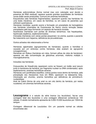 APOSTILA DE HEMATOLOGIA CLÍNICA
Prof. Alípio O Carmo
Hemácias policromáticas (forma normal mas com coloração azul devido a
presença de RNA residual): aparece quando grandes quantidades de hemácias
novas estão sendo produzidas. Comuns em anemias hemolíticas.
Esquisócitos (são hemácias fragmentadas): aparecem quando nas hemácias há
uma lesão mecânica, em casos de hemólise, ou em casos de pacientes que
sofreram queimaduras.
Hemácias mordidas: quando ocorre a formação um precipitado de hemoglobina
nas hemácias (chamados de Corpúsculos de Heinz) ocorre remoção destes
precipitados pelo baço formando um aspecto de hemácia mordida.
Acantócitos (hemácias com pontas de diversos tamanhos): nas hepatopatias,
hipofunção esplênica, esplenectomizados.
Crenadas (hemácias com várias pontas pequenas): na uremia, quando o paciente
faz tratamento com heparina, deficiência de piruvatokinase.
Outros achados não relacionados a forma:
Hemácias aglutinadas (agrupamentos de hemácias): quando a hemólise é
causada por um anticorpo contra hemácias, elas acabam se agrupando
(crioaglutininas).
Hemácias em Roleux (hemácias em rolos, formam pilhas de rolos de hemácias):
aparece em alta concentração de globulinas anormais, mieloma múltiplo e
macroglobulinemia.
Inclusões nas hemácias:
Corpuscúlos de Howell-Joly (aparecem como se fossem um botão azul escuro
junto à membrana da hemácia, por fragmento nuclear ou DNA condensado): após
esplenectomia, anemias hemolíticas severas.
Hemácias com pontilhados basófilos: (vários pontos roxos dentro da hemácia, pela
preciptação dos ribossomos ricos em RNA): aparecem na talassemia beta,
intoxicação por chumbo, anemia hemolítica por deficiência de pirimidina-5nucleotidase.
Anel de Cabot (forma de uma anel ou em oito dentro da hemácia, por restos
nucelares): em anemias hemolíticas severas.

Leucograma

é o estudo da série branca (ou leucócitos), faz-se uma
contagem total dos leucócitos e uma contagem diferencial contando-se 100
células. O adulto normalmente apresenta de 5.000-10.000 leucócitos por 100ml de
sangue.
Contagem diferencial de Leucócitos: Em um paciente normal as células
encontradas são:

9

 