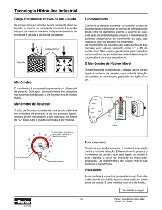 Força Transmitida através de um Líquido
Se empurrarmos o tampão de um recipiente cheio de
líquido, o líquido do recipiente transmitirá pressão
sempre da mesma maneira, independentemente de
como ela é gerada e da forma do mesmo.
Funcionamento
Conforme a pressão aumenta no sistema, o tubo de
Bourdon tende a endireitar-se devido às diferenças nas
áreas entre os diâmetros interno e externo do tubo.
Esta ação de endireitamento provoca o movimento do
ponteiro, proporcional ao movimento do tubo, que
registra o valor da pressão no mostrador.
Os manômetros de Bourdon são instrumentos de boa
precisão com valores variando entre 0,1 e 3% da
escala total. São usados geralmente para trabalhos
de laboratórios ou em sistemas onde a determinação
da pressão é de muita importância.
O Manômetro de Núcleo Móvel
O manômetro de núcleo móvel consiste de um núcleo
ligado ao sistema de pressão, uma mola de retração,
um ponteiro e uma escala graduada em kgf/cm2
ou
psi.
Funcionamento
Conforme a pressão aumenta, o núcleo é empurrado
contra a mola de retração. Este movimento provoca o
movimento do ponteiro que está ligado ao núcleo e
este registra o valor da pressão no mostrador
graduado. Os manômetros de núcleo móvel são
duráveis e econômicos.
Viscosidade
A viscosidade é a medida de resistência ao fluxo das
moléculas de um líquido quando elas deslizam umas
sobre as outras. É uma medida inversa à de fluidez.
Ver tabela a seguir
Manômetro
O manômetro é um aparelho que mede um diferencial
de pressão. Dois tipos de manômetros são utilizados
nos sistemas hidráulicos: o de Bourdon e o de núcleo
móvel.
Manômetro de Bourdon
O tubo de Bourdon consiste de uma escala calibrada
em unidades de pressão e de um ponteiro ligado,
através de um mecanismo, a um tubo oval, em forma
de "C". Esse tubo é ligado à pressão a ser medida.
O tubo tende a endireitar-se
sob pressão causando a
rotação do ponteiro
Entrada de pressão
Tubo de Bourdon
0
10
2030
40
50 60
70
80
90
100
Pistão
Pivô
EntradaArticulação
psig
5000
4000
3000
2000
1000
0
Parker Hannifin Ind. Com. Ltda.
Jacareí, SP - Brasil
Tecnologia Hidráulica Industrial
10
Training
 
