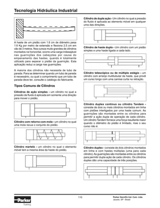 Tecnologia Hidráulica Industrial
110 Parker Hannifin Ind. Com. Ltda.
Jacareí, SP - Brasil
Training
A haste de um pistão com 1.6 cm de diâmetro pesa
1.6 Kg por metro de extensão e flexiona 2.5 cm em
vão de 3 metros. Nos cursos muito grandes de cilindros
montados na horizontal, ocorre uma carga indesejável
nas guarnições dos cabeçotes por causa do
empenamento das hastes, quando é totalmente
utilizado para separar o pistão da guarnição. Esta
aplicação reduz a carga nas guarnições.
A maioria dos cilindros não necessita de tubo de
parada. Para se determinar quando um tubo de parada
é necessário, ou qual o comprimento que um tubo de
parada deve ter, consulte o catálogo do fabricante.
Tipos Comuns de Cilindros
Cilindros de ação simples - um cilindro no qual a
pressão de fluido é aplicada em somente uma direção
para mover o pistão.
Cilindro com retorno com mola - um cilindro no qual
uma mola recua o conjunto do pistão.
Cilindro martelo - um cilindro no qual o elemento
móvel tem a mesma área da haste do pistão.
Cilindro de dupla ação - Um cilindro no qual a pressão
do fluido é aplicada ao elemento móvel em qualquer
uma das direções.
Cilindro de haste dupla - Um cilindro com um pistão
simples e uma haste ligada a cada lado.
Cilindro telescópico ou de múltiplo estágio - um
cilindro com arranjo multitubular da haste, que provê
um curso longo com uma camisa curta na retração.
Cilindro duplex contínuo ou cilindro Tandem -
consiste de dois ou mais cilindros montados em linha
com pistões interligados por uma haste comum. As
guarnições são montadas entre os cilindros para
permitir a ação dupla de operação de cada cilindro.
Um cilindro Tandem fornece uma força resultante maior
quando o diâmetro do pistão é limitado, mas o seu
curso não é.
Cilindro duplex - consiste de dois cilindros montados
em linha e com hastes múltiplas (uma para cada
cilindro).As guarnições são montadas entre os cilindros
para permitir dupla ação de cada cilindro. Os cilindros
duplex dão uma capacidade de três posições.
 