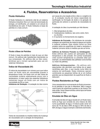 Tecnologia Hidráulica Industrial
Parker Hannifin Ind. Com. Ltda.
Jacareí, SP - Brasil
13
Training
Fluido Hidráulico
O fluido hidráulico é o elemento vital de um sistema
hidráulico industrial. Ele é um meio de transmissão de
energia, um lubrificante, um vedador e um veículo de
transferência de calor. O fluido hidráulico à base de
petróleo é o mais comum.
por causa de uma reação entre o óleo e o oxigênio do
ar. A oxidação resulta em baixa capacidade de
lubrificação na formação de ácido e na geração de
partículas de carbono e aumento da viscosidade do
fluido.
A oxidação do óleo é aumentada por três fatores:
1. Alta temperatura do óleo.
2. Catalisadores metálicos, tais como cobre, ferro
ou chumbo.
3. O aumento no fornecimento de oxigênio.
Inibidores de Corrosão - Os inibidores de corrosão
protegem as superfícies de metal do ataque por ácidos
e material oxidante. Este inibidor forma um filme
protetor sobre as superfícies do metal e neutraliza o
material corrosivo ácido à medida que ele se forma.
Aditivos de Extrema Pressão ou Antidesgaste -
Estes aditivos são usados em aplicações de alta
temperatura e alta pressão. Em pontos localizados
onde ocorrem temperaturas ou pressões altas (por
exemplo, as extremidades das palhetas numa bomba
ou motor de palheta).
Aditivos Antiespumantes - Os aditivos anti-
espumantes não permitem que bolhas de ar sejam
recolhidas pelo óleo, o que resulta numa falha do
sistema de lubrificação. Estes inibidores operam
combinando as pequenas bolhas de ar em bolhas
grandes que se desprendem da superfície do fluido e
estouram.
Fluidos Resistentes ao Fogo
Uma característica inconveniente do fluido provenien-
te do petróleo é que ele é inflamável. Não é seguro
usá-lo perto de superfícies quentes ou de chama. Por
esta razão, foram desenvolvidos vários tipos de fluidos
resistentes ao fogo.
Emulsão de Óleo em Água
A emulsão de óleo em água resulta em um fluido resis-
tente ao fogo que consiste de uma mistura de óleo
numa quantidade de água. A mistura pode variar em
torno de 1% de óleo e 99% de água a 40% de óleo e
60% de água. A água é sempre o elemento dominante.
Fluido à Base de Petróleo
O fluido à base de petróleo é mais do que um óleo
comum. Os aditivos são ingredientes importantes na
sua composição. Os aditivos dão ao óleo carac-
terísticas que o tornam apropriado para uso em
sistemas hidráulicos.
Índice de Viscosidade (IV)
O índice de viscosidade é um número puro que indica
como um fluido varia em viscosidade quando a
temperatura muda. Um fluido com um alto índice de
viscosidade mudaria relativamente pouco com a
temperatura. A maior parte dos sistemas hidráulicos
industriais requer um fluido com um índice de
viscosidade de 90 ou mais.
Inibidores de Oxidação - A oxidação do óleo ocorre
4. Fluidos, Reservatórios e Acessórios
Índice de viscosidade é a medida relativa da mudança
de viscosidade com a variação de temperatura.
50,000
12,000
8,000
150
50
43
41
40
viscosidade em
SUS
0º F 100º F 210º F
2. O óleo com IV 50
é mais denso a 0º F
(-17,5º C).
1. Ambos os óleos
têm a mesma
viscosidade de 100º F
(37,5º C).
3. A 210º F (100º C) o
óleo IV 50 é mais fina.
Óleo
com
IV
50
Óleo
com
IV
90
SSU
a
fino
 