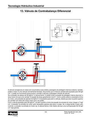 Tecnologia Hidráulica Industrial
154 Parker Hannifin Ind. Com. Ltda.
Jacareí, SP - Brasil
Training
13. Válvula de Contrabalanço Diferencial
A válvula consiste de um corpo com via primária e secundária, passagens de pilotagem interna e externa, carretel,
pistão e mola. É uma válvula normalmente fechada. Assumindo que a mola do carretel está ajustada para 56 kgf/
cm2
, o pistão se movimenta empurrando o carretel e abrindo a passagem através da válvula.
Se a pressão cai abaixo de 56 kgf/cm2
a válvula fecha. O pistão onde a pressão da pilotagem interna atua tem a
área menor do que a do carretel. A relação de áreas geralmente é de 8:1. Com o piloto externo conectado à linha
do motor, uma pressão de apenas 6,8 kgf/cm2
é necessária para abrir a válvula, desde que atue na parte superior
do carretel com área oito vezes maior que a do pistão.
Com a válvula ajustada para 56 kgf/cm2
, irá abrir quando a linha de pressão da entrada do motor chegar a 7 kgf/
cm2
. A pressão na entrada do motor será necessária apenas para girar a carga. Se a carga tender a girar sem
controle, a pressão na entrada do motor cai. A válvula fecha e não reabre até que uma contrapressão de 56 kgf/
cm2
seja gerada.
 