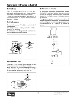 Tecnologia Hidráulica Industrial
16 Parker Hannifin Ind. Com. Ltda.
Jacareí, SP - Brasil
Training
Resfriadores à Água
O resfriador a água consiste basicamente de um feixe
de tubos encaixados num invólucro metálico.
Neste resfriador, o fluido do sistema hidráulico é
geralmente bombeado através do invólucro e sobre
os tubos que são refrigerados com água fria.
Resfriadores no Circuito
Os resfriadores geralmente operam à baixa pressão
(10,5 kgf/cm2
). Isto requer que eles sejam posicionados
em linha de retorno ou dreno do sistema. Se isto não
for possível, o resfriador pode ser instalado em sistema
de circulação.
Para garantir que um aumento momentâneo de
pressão na linha não os danifique, os resfriadores são
geralmente ligados ao sistema em paralelo com uma
válvula de retenção de 4,5 kgf/cm2
de pressão de
ruptura.
Resfriadores
Todos os sistemas hidráulicos aquecem. Se o
reservatório não for suficiente para manter o fluido à
temperatura normal, há um superaquecimento.
Para evitar isso são utilizados resfriadores ou
trocadores de calor, os modelos mais comuns são
água-óleo e ar-óleo.
Resfriadores a Ar
Nos resfriadores a ar, o fluido é bombeado através de
tubos aletados.
Para dissipar o calor, o ar é soprado sobre os tubos e
aletas por um ventilador.
Os resfriadores a ar são geralmente usados onde a
água não está disponível facilmente.
M
símbolo de resfriador
água-óleo
entrada de fluido
duto
aletas
de
resfriamento
tubos
resfriador de ar-óleo
símbolo de resfriador
ar-óleo
tubos
carcaça
resfriador água-óleo
 