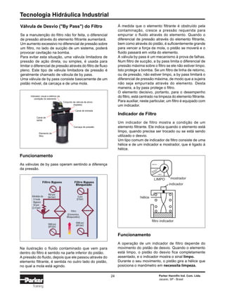 Tecnologia Hidráulica Industrial
24 Parker Hannifin Ind. Com. Ltda.
Jacareí, SP - Brasil
Training
À medida que o elemento filtrante é obstruído pela
contaminação, cresce a pressão requerida para
empurrar o fluido através do elemento. Quando o
diferencial de pressão através do elemento filtrante,
bem como através do pistão, é suficientemente grande
para vencer a força da mola, o pistão se moverá e o
fluido passará em volta do elemento.
A válvula by pass é um mecanismo à prova de falhas.
Num filtro de sucção, a by pass limita o diferencial de
pressão máxima sobre o filtro se ele não estiver limpo.
Isto protege a bomba. Se um filtro de linha de retorno,
ou de pressão, não estiver limpo, a by pass limitará o
diferencial de pressão máxima, de modo que a sujeira
não seja empurrada através do elemento. Desta
maneira, a by pass protege o filtro.
O elemento decisivo, portanto, para o desempenho
do filtro, está centrado na limpeza do elemento filtrante.
Para auxiliar, neste particular, um filtro é equipado com
um indicador.
Indicador de Filtro
Um indicador de filtro mostra a condição de um
elemento filtrante. Ele indica quando o elemento está
limpo, quando precisa ser trocado ou se está sendo
utilizado o desvio.
Um tipo comum de indicador de filtro consiste de uma
hélice e de um indicador e mostrador, que é ligado à
hélice.
Funcionamento
A operação de um indicador de filtro depende do
movimento do pistão de desvio. Quando o elemento
está limpo, o pistão do desvio fica completamente
assentado, e o indicador mostra o sinal limpo.
Durante o seu movimento, o pistão gira a hélice que
posiciona o manômetro em necessita limpeza.
Válvula de Desvio ("By Pass") do Filtro
Se a manutenção do filtro não for feita, o diferencial
de pressão através do elemento filtrante aumentará.
Um aumento excessivo no diferencial de pressão sobre
um filtro, no lado de sucção de um sistema, poderá
provocar cavitação na bomba.
Para evitar esta situação, uma válvula limitadora de
pressão de ação direta, ou simples, é usada para
limitar o diferencial de pressão através do filtro de fluxo
pleno. Este tipo de válvula limitadora de pressão é
geralmente chamado de válvula de by pass.
Uma válvula de by pass consiste basicamente de um
pistão móvel, da carcaça e de uma mola.
950 psi
(66 bar) 0 psi
(0 bar)
1000 psi
(69 bar)1000 psi
(69 bar)
Filtro
(Elementos
Bloqueados)
Medida da
V lvula
Bypass
50 psi
(3.4 bar)
Filtro Bypass Filtro Bypass
Bloqueado
Vazo
filtro indicador
hélice
indicador
mostrador
DESVIO
NECESSITA
LIMPEZA
LIMPO
LIMPO
Indicador visual e elétrico da
condição do elemento
Conjunto da válvula de alívio
(bypass)
Canal de entrada
Carcaça de pressão
Elemento de
filtro
Canal de
saída
Funcionamento
As válvulas de by pass operam sentindo a diferença
da pressão.
Na ilustração o fluido contaminado que vem para
dentro do filtro é sentido na parte inferior do pistão.
A pressão do fluido, depois que ele passou através do
elemento filtrante, é sentida no outro lado do pistão,
no qual a mola está agindo.
 