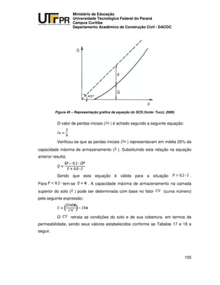 UNIVERSIDADE TECNOLÓGICA FEDERAL DO PARANÁ
PR
Ministério da Educação
Universidade Tecnológica Federal do Paraná
Campus Curitiba
Departamento Acadêmico de Construção Civil - DACOC
105
Figura 45 – Representação gráfica da equação do SCS (fonte: Tucci, 2009)
O valor de perdas iniciais ( ) é achado segundo a seguinte equação:
Verificou-se que as perdas iniciais ( ) representavam em média 20% da
capacidade máxima de armazenamento ( ). Substituindo esta relação na equação
anterior resulta:
Sendo que esta equação é válida para a situação .
Para tem-se . A capacidade máxima de armazenamento na camada
superior do solo ( ) pode ser determinada com base no fator (curva número)
pela seguinte expressão:
O retrata as condições do solo e de sua cobertura, em termos de
permeabilidade, sendo seus valores estabelecidos conforme as Tabelas 17 e 18 a
seguir.
 
