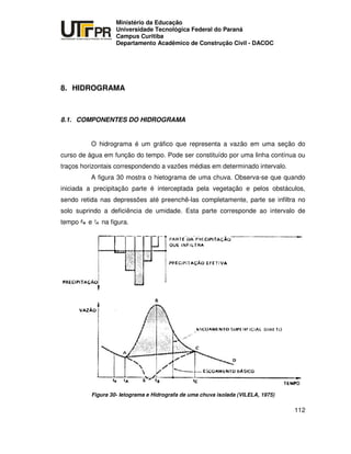 UNIVERSIDADE TECNOLÓGICA FEDERAL DO PARANÁ
PR
Ministério da Educação
Universidade Tecnológica Federal do Paraná
Campus Curitiba
Departamento Acadêmico de Construção Civil - DACOC
112
8. HIDROGRAMA
8.1. COMPONENTES DO HIDROGRAMA
O hidrograma é um gráfico que representa a vazão em uma seção do
curso de água em função do tempo. Pode ser constituído por uma linha contínua ou
traços horizontais correspondendo a vazões médias em determinado intervalo.
A figura 30 mostra o hietograma de uma chuva. Observa-se que quando
iniciada a precipitação parte é interceptada pela vegetação e pelos obstáculos,
sendo retida nas depressões até preenchê-las completamente, parte se infiltra no
solo suprindo a deficiência de umidade. Esta parte corresponde ao intervalo de
tempo e na figura.
Figura 30- Ietograma e Hidrografa de uma chuva isolada (VILELA, 1975)
 
