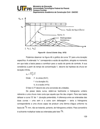 UNIVERSIDADE TECNOLÓGICA FEDERAL DO PARANÁ
PR
Ministério da Educação
Universidade Tecnológica Federal do Paraná
Campus Curitiba
Departamento Acadêmico de Construção Civil - DACOC
129
Figura 46 – Curva S (fonte: Gray, 1973)
Podemos observar na figura 46 o gráfico de curva “S” para uma duração
específica. A ordenada “ ” corresponde a vazão de equilíbrio, atingida no momento
em que toda a bacia passa a contribuir para a vazão do ponto de controle. A sua
constância a partir do tempo de concentração decorre da hipótese da chuva ter
duração infinita.
Onde é a área (Km²);
é a duração (h);
é a vazão (m³/s)
O fator 2,77 decorre de uma conversão de unidades.
De posse desta curva, obtém-se facilmente o hidrograma unitário
referente a uma chuva mais curta que aquela que lhe deu origem. Para isso basta
defasar a curva “S” de (duração pretendida). A diferença entre as ordenadas das
duas curvas – uma sem e a outra com defasagem – seria o hidrograma
correspondente a uma chuva capaz de produzir uma lâmina d’água uniforme na
bacia de mm, não se tratando, portanto, de hidrograma unitário. Para convertê-lo
é suficiente multiplicar todas as ordenadas pelo fator .
 