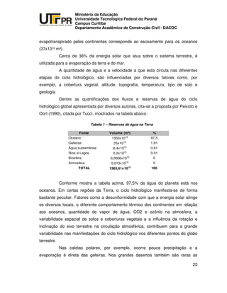 UNIVERSIDADE TECNOLÓGICA FEDERAL DO PARANÁ
PR
Ministério da Educação
Universidade Tecnológica Federal do Paraná
Campus Curitiba
Departamento Acadêmico de Construção Civil - DACOC
22
evapotranspirado pelos continentes corresponde ao escoamento para os oceanos
(37x10¹² m³).
Cerca de 36% da energia solar que atua sobre o sistema terrestre, é
utilizada para a evaporação da terra e do mar.
A quantidade de água e a velocidade a que esta circula nas diferentes
etapas do ciclo hidrológico, são influenciadas por diversos fatores como, por
exemplo, a cobertura vegetal, altitude, topografia, temperatura, tipo de solo e
geologia.
Dentre as quantificações dos fluxos e reservas de água do ciclo
hidrológico global apresentada por diversos autores, cita-se a proposta por Peixoto e
Oort (1990), citada por Tucci, mostrados na tabela abaixo:
Tabela 1 – Reservas de água na Terra
Fonte Volume (m³) %
Oceano 1350x1015 97,5
Geleiras 25x1015 1,81
Água subterrânea 8,4x1015 0,61
Rios e Lagos 0,2x1015 0,01
Biosfera 0,0006x1015 0
Atmosfera 0,013x1015 0
TOTAL 1383,61x1015
100
Conforme mostra a tabela acima, 97,5% da água do planeta está nos
oceanos. Em certas regiões da Terra, o ciclo hidrológico manifesta-se de forma
bastante peculiar. Fatores como a desuniformidade com que a energia solar atinge
os diversos locais, o diferente comportamento térmico dos continentes em relação
aos oceanos, quantidade de vapor de água, CO2 e ozônio na atmosfera, a
variabilidade espacial de solos e coberturas vegetais e a influência da rotação e
inclinação do eixo terrestre na circulação atmosférica, contribuem para a grande
variabilidade nas manifestações do ciclo hidrológico nos diferentes pontos do globo
terrestre.
Nas calotas polares, por exemplo, ocorre pouca precipitação e a
evaporação é direta das geleiras. Nos grandes desertos também são raras as
 