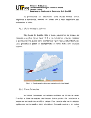 UNIVERSIDADE TECNOLÓGICA FEDERAL DO PARANÁ
PR
Ministério da Educação
Universidade Tecnológica Federal do Paraná
Campus Curitiba
Departamento Acadêmico de Construção Civil - DACOC
39
As precipitações são classificadas como chuvas frontais, chuvas
orográficas e convectivas, definidas de acordo com o fator responsável pela
ascensão do ar úmido.
6.3.1. Chuvas Frontais ou Ciclônica
São chuvas de duração média e longa, provenientes de choques de
massa de ar quente e frio (ver figura 10). O ar frio, mais denso, empurra a massa de
ar quente para cima, que se resfria e condensa o vapor d’água, produzindo chuvas.
Essas precipitações podem vir acompanhadas de ventos fortes com circulação
ciclônica.
Figura 10: Esquema da formação da precipitação ciclônica. (Fonte:)
6.3.2. Chuvas Convectivas
As chuvas convectivas são também chamadas de chuvas de verão.
Quando o ar úmido for aquecido na vizinhança do solo, podem criar camadas de ar
quente que se mantêm em equilíbrio instável. Essa camada sobe, sendo resfriado
rapidamente, condensando o vapor atmosférico, formando nuvens e, em muitas
 