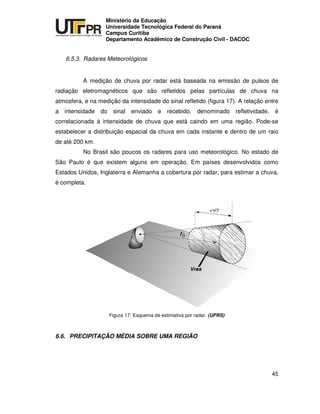 UNIVERSIDADE TECNOLÓGICA FEDERAL DO PARANÁ
PR
Ministério da Educação
Universidade Tecnológica Federal do Paraná
Campus Curitiba
Departamento Acadêmico de Construção Civil - DACOC
45
6.5.3. Radares Meteorológicos
A medição de chuva por radar está baseada na emissão de pulsos de
radiação eletromagnéticos que são refletidos pelas partículas de chuva na
atmosfera, e na medição da intensidade do sinal refletido (figura 17). A relação entre
a intensidade do sinal enviado e recebido, denominado refletividade, é
correlacionada à intensidade de chuva que está caindo em uma região. Pode-se
estabelecer a distribuição espacial da chuva em cada instante e dentro de um raio
de até 200 km.
No Brasil são poucos os radares para uso meteorológico. No estado de
São Paulo é que existem alguns em operação. Em países desenvolvidos como
Estados Unidos, Inglaterra e Alemanha a cobertura por radar, para estimar a chuva,
é completa.
Figura 17: Esquema de estimativa por radar. (UFRS)
6.6. PRECIPITAÇÃO MÉDIA SOBRE UMA REGIÃO
 