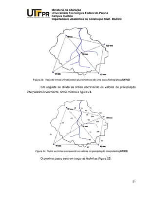 UNIVERSIDADE TECNOLÓGICA FEDERAL DO PARANÁ
PR
Ministério da Educação
Universidade Tecnológica Federal do Paraná
Campus Curitiba
Departamento Acadêmico de Construção Civil - DACOC
51
Figura 23: Traço de linhas unindo postos pluviométricos de uma bacia hidrográfica (UFRS)
Em seguida se divide as linhas escrevendo os valores da precipitação
interpolados linearmente, como mostra a figura 24.
Figura 24: Dividir as linhas escrevendo os valores da precipitação interpolados (UFRS)
O próximo passo será em traçar as isolinhas (figura 25).
 