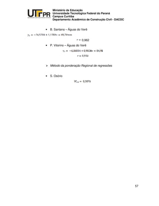 UNIVERSIDADE TECNOLÓGICA FEDERAL DO PARANÁ
PR
Ministério da Educação
Universidade Tecnológica Federal do Paraná
Campus Curitiba
Departamento Acadêmico de Construção Civil - DACOC
57
• B. Santana – Águas do Verê
0,962
• P. Vitorino – Águas do Verê
Método da ponderação Regional de regressões
• S. Osório
 
