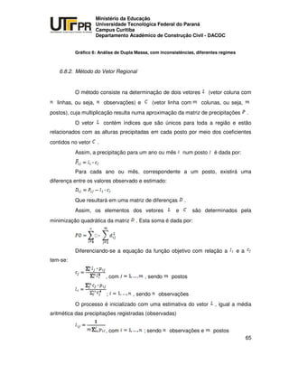 UNIVERSIDADE TECNOLÓGICA FEDERAL DO PARANÁ
PR
Ministério da Educação
Universidade Tecnológica Federal do Paraná
Campus Curitiba
Departamento Acadêmico de Construção Civil - DACOC
65
Gráfico 6: Análise de Dupla Massa, com inconsistências, diferentes regimes
6.8.2. Método do Vetor Regional
O método consiste na determinação de dois vetores (vetor coluna com
linhas, ou seja, observações) e (vetor linha com colunas, ou seja,
postos), cuja multiplicação resulta numa aproximação da matriz de precipitações .
O vetor contém índices que são únicos para toda a região e estão
relacionados com as alturas precipitadas em cada posto por meio dos coeficientes
contidos no vetor .
Assim, a precipitação para um ano ou mês num posto é dada por:
Para cada ano ou mês, correspondente a um posto, existirá uma
diferença entre os valores observado e estimado:
Que resultará em uma matriz de diferenças .
Assim, os elementos dos vetores e são determinados pela
minimização quadrática da matriz . Esta soma é dada por:
Diferenciando-se a equação da função objetivo com relação a e a
tem-se:
, com , sendo postos
; , sendo observações
O processo é inicializado com uma estimativa do vetor , igual a média
aritmética das precipitações registradas (observadas)
, com ; sendo observações e postos
 