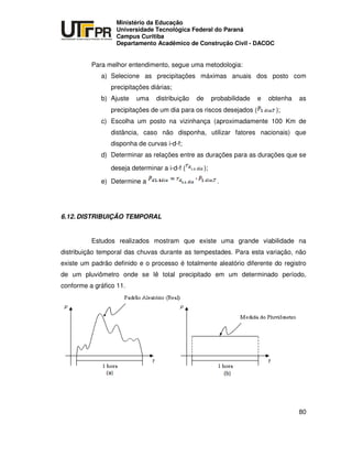 UNIVERSIDADE TECNOLÓGICA FEDERAL DO PARANÁ
PR
Ministério da Educação
Universidade Tecnológica Federal do Paraná
Campus Curitiba
Departamento Acadêmico de Construção Civil - DACOC
80
Para melhor entendimento, segue uma metodologia:
a) Selecione as precipitações máximas anuais dos posto com
precipitações diárias;
b) Ajuste uma distribuição de probabilidade e obtenha as
precipitações de um dia para os riscos desejados ( );
c) Escolha um posto na vizinhança (aproximadamente 100 Km de
distância, caso não disponha, utilizar fatores nacionais) que
disponha de curvas i-d-f;
d) Determinar as relações entre as durações para as durações que se
deseja determinar a i-d-f ( );
e) Determine a .
6.12. DISTRIBUIÇÃO TEMPORAL
Estudos realizados mostram que existe uma grande viabilidade na
distribuição temporal das chuvas durante as tempestades. Para esta variação, não
existe um padrão definido e o processo é totalmente aleatório diferente do registro
de um pluviômetro onde se lê total precipitado em um determinado período,
conforme a gráfico 11.
 