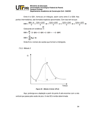 UNIVERSIDADE TECNOLÓGICA FEDERAL DO PARANÁ
PR
Ministério da Educação
Universidade Tecnológica Federal do Paraná
Campus Curitiba
Departamento Acadêmico de Construção Civil - DACOC
94
Entre A e QS1, forma-se um triângulo, assim como entre C e QS9. Nos
pontos intermediários, são formados trapézios aproximados. Com isso tem-se que:
Colocando em evidência :
Onde N é o número de vazões que formam a hidrógrafa.
7.5.3. Método 3
Figura 40 – Método 3 (fonte: UFLA)
Aqui, prolonga-se a depleção a partir do ponto A até encontrar com a reta
vertical que passa pela vazão de pico. A reta DC é então determinada.
 
