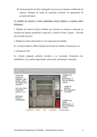  Enclausuramento da fonte; segregação do processo ou operação; modificação de
       projetos; limitação do tempo de exposição; utilização de equipamento de
       proteção individual;

As medidas de controle a serem implantadas devem obedecer a seguinte ordem
hierárquica:

1. Medidas de Controle Coletivo: Medidas que eliminem ou reduzam a utilização ou
formação dos agentes prejudiciais à saúde (Ex.: Controle na fonte, Capelas – Utilizada
para exaustão de gases).

2. Medidas de caráter administrativo ou de organização do trabalho:

Ex.: Controles Médicos, PPRA, Redução na Jornada de Trabalho, Treinamentos, etc.

3. Utilização de EPI:

Ex.: Seleção adequada conforme atividade a ser executada; Treinamento dos
trabalhadores; Uso, guarda, higienização, conservação, manutenção e reposição.




Tecnóloga em Segurança do Trabalho – Iolanda Ramos Alonso                           4
 