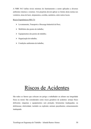 A NBR 5413 define níveis mínimos de iluminamento a serem aplicados a diversos
ambientes internos e externos. Um projetista deverá aplicar os limites desta norma nos
vestiários, áreas de lazer, alojamentos, cozinha, sanitários, entre outros locais.

Riscos Ergonômicos (NR-17):

    Levantamento, Transporte e Descarga Industrial de Peso;

    Mobiliário dos postos de trabalho;

    Equipamentos dos postos de trabalho;

    Organização do trabalho;

    Condições ambientais de trabalho;




                Riscos de Acidentes
São todos os fatores que colocam em perigo o trabalhador ou afetam sua integridade
física ou moral. São considerados como riscos geradores de acidentes: arranjo físico
deficiente; máquinas e equipamentos sem proteção; ferramentas inadequadas; ou
defeituosas; eletricidade; incêndio ou explosão; animais peçonhentos; armazenamento
inadequado.




Tecnóloga em Segurança do Trabalho – Iolanda Ramos Alonso                            50
 