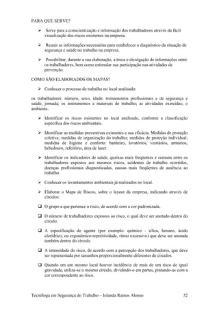 PARA QUE SERVE?

    Serve para a conscientização e informação dos trabalhadores através da fácil
     visualização dos riscos existentes na empresa.

    Reunir as informações necessárias para estabelecer o diagnóstico da situação de
     segurança e saúde no trabalho na empresa.

    Possibilitar, durante a sua elaboração, a troca e divulgação de informações entre
     os trabalhadores, bem como estimular sua participação nas atividades de
     prevenção.

COMO SÃO ELABORADOS OS MAPAS?

    Conhecer o processo de trabalho no local analisado:

os trabalhadores: número, sexo, idade, treinamentos profissionais e de segurança e
saúde, jornada; os instrumentos e materiais de trabalho; as atividades exercidas; o
ambiente.

    Identificar os riscos existentes no local analisado, conforme a classificação
     específica dos riscos ambientais.

    Identificar as medidas preventivas existentes e sua eficácia. Medidas de proteção
     coletiva; medidas de organização do trabalho; medidas de proteção individual;
     medidas de higiene e conforto: banheiro, lavatórios, vestiários, armários,
     bebedouro, refeitório, área de lazer.

    Identificar os indicadores de saúde, queixas mais freqüentes e comuns entre os
     trabalhadores expostos aos mesmos riscos, acidentes de trabalho ocorridos,
     doenças profissionais diagnosticadas, causas mais freqüentes de ausência ao
     trabalho.

    Conhecer os levantamentos ambientais já realizados no local.

    Elaborar o Mapa de Riscos, sobre o layout da empresa, indicando através de
     círculos:

    O grupo a que pertence o risco, de acordo com a cor padronizada.

    O número de trabalhadores expostos ao risco, o qual deve ser anotado dentro do
     círculo.

    A especificação do agente (por exemplo: químico - sílica, hexano, ácido
     clorídrico; ou ergonômico-repetitividade, ritmo excessivo) que deve ser anotada
     também dentro do círculo.

    A intensidade do risco, de acordo com a percepção dos trabalhadores, que deve
     ser representada por tamanhos proporcionalmente diferentes de círculos.

    Quando em um mesmo local houver incidência de mais de um risco de igual
     gravidade, utiliza-se o mesmo círculo, dividindo-o em partes, pintando-as com a
     cor correspondente ao risco.



Tecnóloga em Segurança do Trabalho – Iolanda Ramos Alonso                           52
 