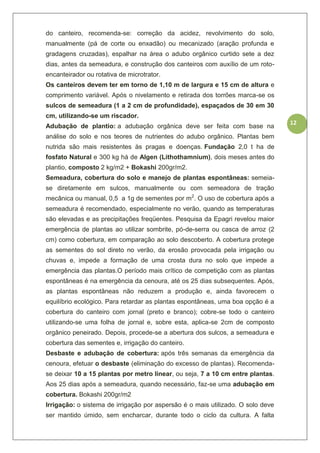 12
do canteiro, recomenda-se: correção da acidez, revolvimento do solo,
manualmente (pá de corte ou enxadão) ou mecanizado (aração profunda e
gradagens cruzadas), espalhar na área o adubo orgânico curtido sete a dez
dias, antes da semeadura, e construção dos canteiros com auxílio de um roto-
encanteirador ou rotativa de microtrator.
Os canteiros devem ter em torno de 1,10 m de largura e 15 cm de altura e
comprimento variável. Após o nivelamento e retirada dos torrões marca-se os
sulcos de semeadura (1 a 2 cm de profundidade), espaçados de 30 em 30
cm, utilizando-se um riscador.
Adubação de plantio: a adubação orgânica deve ser feita com base na
análise do solo e nos teores de nutrientes do adubo orgânico. Plantas bem
nutrida são mais resistentes às pragas e doenças. Fundação 2,0 t ha de
fosfato Natural e 300 kg há de Algen (Lithothamnium), dois meses antes do
plantio, composto 2 kg/m2 + Bokashi 200gr/m2.
Semeadura, cobertura do solo e manejo de plantas espontâneas: semeia-
se diretamente em sulcos, manualmente ou com semeadora de tração
mecânica ou manual, 0,5 a 1g de sementes por m2
. O uso de cobertura após a
semeadura é recomendado, especialmente no verão, quando as temperaturas
são elevadas e as precipitações freqüentes. Pesquisa da Epagri revelou maior
emergência de plantas ao utilizar sombrite, pó-de-serra ou casca de arroz (2
cm) como cobertura, em comparação ao solo descoberto. A cobertura protege
as sementes do sol direto no verão, da erosão provocada pela irrigação ou
chuvas e, impede a formação de uma crosta dura no solo que impede a
emergência das plantas.O período mais crítico de competição com as plantas
espontâneas é na emergência da cenoura, até os 25 dias subsequentes. Após,
as plantas espontâneas não reduzem a produção e, ainda favorecem o
equilíbrio ecológico. Para retardar as plantas espontâneas, uma boa opção é a
cobertura do canteiro com jornal (preto e branco); cobre-se todo o canteiro
utilizando-se uma folha de jornal e, sobre esta, aplica-se 2cm de composto
orgânico peneirado. Depois, procede-se a abertura dos sulcos, a semeadura e
cobertura das sementes e, irrigação do canteiro.
Desbaste e adubação de cobertura: após três semanas da emergência da
cenoura, efetuar o desbaste (eliminação do excesso de plantas). Recomenda-
se deixar 10 a 15 plantas por metro linear, ou seja, 7 a 10 cm entre plantas.
Aos 25 dias após a semeadura, quando necessário, faz-se uma adubação em
cobertura. Bokashi 200gr/m2
Irrigação: o sistema de irrigação por aspersão é o mais utilizado. O solo deve
ser mantido úmido, sem encharcar, durante todo o ciclo da cultura. A falta
 