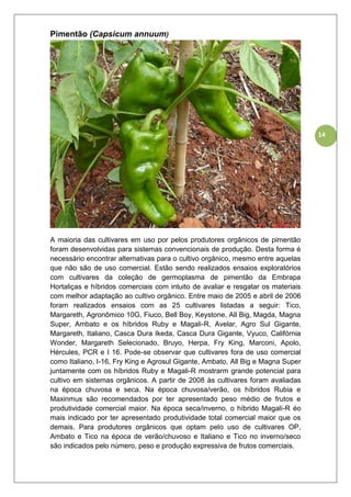 14
Pimentão (Capsicum annuum)
A maioria das cultivares em uso por pelos produtores orgânicos de pimentão
foram desenvolvidas para sistemas convencionais de produção. Desta forma é
necessário encontrar alternativas para o cultivo orgânico, mesmo entre aquelas
que não são de uso comercial. Estão sendo realizados ensaios exploratórios
com cultivares da coleção de germoplasma de pimentão da Embrapa
Hortaliças e híbridos comerciais com intuito de avaliar e resgatar os materiais
com melhor adaptação ao cultivo orgânico. Entre maio de 2005 e abril de 2006
foram realizados ensaios com as 25 cultivares listadas a seguir: Tico,
Margareth, Agronômico 10G, Fiuco, Bell Boy, Keystone, All Big, Magda, Magna
Super, Ambato e os híbridos Ruby e Magali-R, Avelar, Agro Sul Gigante,
Margareth, Italiano, Casca Dura Ikeda, Casca Dura Gigante, Vyuco, Califórnia
Wonder, Margareth Selecionado, Bruyo, Herpa, Fry King, Marconi, Apolo,
Hércules, PCR e I 16. Pode-se observar que cultivares fora de uso comercial
como Italiano, I-16, Fry King e Agrosul Gigante, Ambato, All Big e Magna Super
juntamente com os híbridos Ruby e Magali-R mostrarm grande potencial para
cultivo em sistemas orgânicos. A partir de 2008 às cultivares foram avaliadas
na época chuvosa e seca. Na época chuvosa/verão, os híbridos Rubia e
Maxinmus são recomendados por ter apresentado peso médio de frutos e
produtividade comercial maior. Na época seca/inverno, o híbrido Magali-R éo
mais indicado por ter apresentado produtividade total comercial maior que os
demais. Para produtores orgânicos que optam pelo uso de cultivares OP,
Ambato e Tico na época de verão/chuvoso e Italiano e Tico no inverno/seco
são indicados pelo número, peso e produção expressiva de frutos comerciais.
 