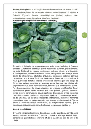 15
Adubação de plantio: a adubação deve ser feita com base na análise do solo
e do adubo orgânico. Se necessário, recomenda-se Composto 1,0 kg/cova +
Bokashi 20gr/m2+ fosfato natural50gr/cova (fósforo) aplicado com
antecedência e cinzas de madeira 100gr/cova (potássio).
Repolho (subespécie da Brassica oleracea)
O repolho é derivado da couve-selvagem, cujo nome botânico é Brassica
oleracea L., variedade capitata; é planta indígena da Europa e, provavelmente,
da Ásia Ocidental e, nesses continentes, cultivado desde a antiguidade.
A couve primitiva, ainda existente nas costas da Inglaterra e da França, é uma
planta de folhas largas, lobuladas, onduladas, espessas e cobertas por leve
camada de cera. A haste floral, que mede desde 0,60m até pouco mais de 1
m., é guarnecida de folhas inteiras circundantes e termina por uma espiga de
flores com pétalas amarelas e, algumas vezes, brancas. As pétalas são
dispostas em cruz, daí o nome cruciferae, família a que pertence essa planta.
No desenvolvimento da couve-selvagem, as maiores modificações foram
apresentadas pelas folhas. Quando elas são grandes, grossas, carnosas,
temos a couve-tronchuda; na couve-repolho de Bruxelas, os brotos nas axilas
das folhas crescem, produzindo pequeninos repolhos, do tamanho aproximado
ao de uma noz. Se as folhas crescendo, imbricam-se, reúnem-se formando
uma cabeça mais ou menos cerrada, que envolve um broto central. Temos
então, a couve-de-cabeça, couve-maçã, ou simplesmente repolho, que é
classificada botanicamente, como B. oleracea L., variedade capitata L.
Usos e propriedades
O repolho é importante alimento de proteção, sendo, quando cru, servido como
salada, mais rico em vitamina C, do que o tomate e a laranja. Possui, ainda,
ponderáveis quantidades de vitamina B1, B2 e G, além de sais de ferro e de
cálcio.
 