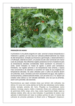 23
Pimentinha (Capsicum annum)
PRODUÇÃO DE MUDAS
A pimenteira é uma planta exigente em calor, sensível a baixas temperaturas e
intolerante a geadas, por isso deve ser cultivada preferencialmente nos meses
de alta temperatura, condição que favorece a germinação, o desenvolvimento e
a frutificação, obtendo-se assim, um produto de alto valor comercial com menor
custo de produção. Nas diferentes regiões produtoras do Sul e Sudeste do país
as temperaturas elevadas consideradas ideais acontecem na primavera e
verão, sendo indicados os meses de agosto a janeiro para semeadura.
Entretanto, nas regiões serranas e de temperaturas mais amenas, a época
mais conveniente é de setembro a novembro em razão de sua exigência em
temperaturas elevadas. Os solos utilizados para o cultivo de pimenta devem
ser profundos, leves, drenados (com bom escoamento de água, não sujeitos a
encharcamento), preferencialmente férteis, com pH entre 5,5 a 7,0. Devem ser
evitados solos salinos ou com elevada salinidade, uma vez que as pimentas,
assim como pimentão, são sensíveis.
Recomenda-se que sejam evitadas áreas que tenham sido cultivadas nos
últimos 3-4 anos com outras plantas da família das solanáceas (como batata,
tomate, berinjela, pimenta, jiló, fumo, Physalis) ou Cucurbitáceas (como
abóbora, moranga, pepino, melão e melancia). Áreas com cultivos anteriores
de gramíneas (milho, sorgo, arroz, trigo, aveia), leguminosas (feijão, soja) ou
aliáceas (cebola, alho), são as mais indicadas. A quantidade de adubo a ser
aplicada é determinada com base na análise química do solo. A maioria das
cultivares de pimentas plantadas no Brasil como a ''Malagueta'' (Capsicum.
 