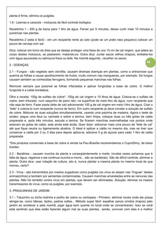 44
planta é firme, elimina os pulgões.
1.8 - Lesmas e caracóis - moluscos de fácil controle biológico
Receitinha 1 - 200 g de losna para 1 litro de água. Ferver por 5 minutos, deixar curtir mais 10 minutos e
pulverizar nas plantas.
Receitinha 2 (esta é fácil) - em um recipiente rente ao solo (pode se um prato raso pequeno) colocar um
pouco de cerveja com sal.
Dica: colocar em torno da área que se deseja proteger uma faixa de uns 15 cm de cal virgem, que adere ao
corpo destes moluscos, ao passarem, matando-os. Outra dica: Juntar sacos velhos (trapos), embebe-los
com água açucarada ou salmoura fraca ou leite. Na manhã seguinte...recolher os sacos.
2 - DOENÇAS
2.1 - Fungos - são vegetais sem clorofila, causam diversas doenças em plantas, como a antracnose que
queima as folhas e causa apodrecimento de frutos, muito comum nas mangueiras, por exemplo. Os fungos
causam também as conhecidas ferrugens, formando pequenas manchas nas folhas.
Remover sempre que possível as folhas infectadas e aplicar fungicidas a base de cobre. O melhor
fungicida é a calda bordaleza.
Olha a receita: 100g de sulfato de cobre*, 100g de cal virgem e 10 litros de água. Coloca-se o sulfato de
cobre, bem triturado, num saquinho de pano ralo, na superfície de meio litro de água, num recipiente que
não seja de ferro. Fazer pasta (leite de cal) adicionando 100 g de cal virgem em meio l litro de água. Coar o
“leite” e coloca-lo num recipiente (nunca de ferro). Em outro recipiente já deve constar a solução de sulfato
de cobre. Misturar as duas soluções simultaneamente, usando uma pazinha de madeira. Agora o teste de
acidez: pegue uma faca ou canivete e sobre a lamina, bem limpa, coloque duas ou três gotas da calda
preparada e, após três minutos, sacuda a lamina. Se ficarem manchas avermelhadas nos pontos onde
estavam as gotas de calda, esta ainda está ácida. Quer dizer: adicionar mais uma pouco de “leite de cal”
até que fique neutra ou ligeiramente alcalina. O ideal é aplicar a calda no mesmo dia, mas se tiver que
conservar a calda por 2 ou 3 dias para depois aplica-la, adicione 5 g de açúcar para cada 1 litro de calda
preparada.
*Dos produtos comerciais a base de cobre á venda na Pau-Brasília recomendamos o CuproDimy, de baixa
toxidez.
2.2 - Bactérias - causam murcha da planta e conseqüentemente a morte. (muitas vezes achamos que é
falta de água, regamos e ela continua murcha e morre... são as bactérias). São de difícil controle, eliminar a
planta. Outra dica: usar rotação de cultura, isto é, nunca plantar a mesma planta no mesmo local da que
morreu, certo?
2.3 - Vírus - são transmitidos por insetos sugadores como pulgões (os vírus se alojam nas “línguas” destes
animaizinhos) e também por sementes contaminadas. Causam manchas amareladas entre as nervuras das
plantas. Não há remédio contra vírus em plantas, que devem ser eliminadas. Solução: eliminar os insetos
transmissores do vírus, como os pulgões, por exemplo.
3. PRAGUINHAS DE JARDIM
3.1 - Tatuzinho ou bicho bolinha e piolho de cobra ou centopeia - Primeiro, eliminar locais onde ele possa
abrigar-se, como táboas, tijolos, pedras soltas... Método super fácil: espalhar panos úmidos (trapos) pelo
jardim ao anoitecer e pela manhã, jogar água bem quente no local onde se concentraram. Isso se você
está sentindo que elas estão fazendo algum mal as suas plantas.. senão, conviver com elas é a melhor
 