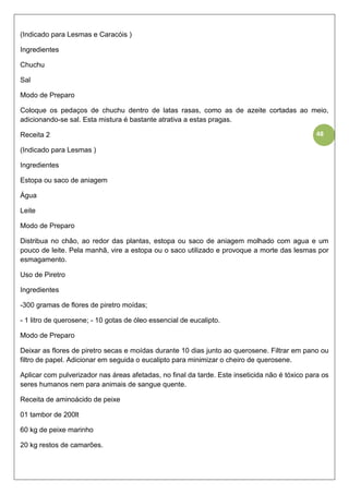 48
(Indicado para Lesmas e Caracóis )
Ingredientes
Chuchu
Sal
Modo de Preparo
Coloque os pedaços de chuchu dentro de latas rasas, como as de azeite cortadas ao meio,
adicionando-se sal. Esta mistura é bastante atrativa a estas pragas.
Receita 2
(Indicado para Lesmas )
Ingredientes
Estopa ou saco de aniagem
Água
Leite
Modo de Preparo
Distribua no chão, ao redor das plantas, estopa ou saco de aniagem molhado com agua e um
pouco de leite. Pela manhã, vire a estopa ou o saco utilizado e provoque a morte das lesmas por
esmagamento.
Uso de Piretro
Ingredientes
-300 gramas de flores de piretro moídas;
- 1 litro de querosene; - 10 gotas de óleo essencial de eucalipto.
Modo de Preparo
Deixar as flores de piretro secas e moídas durante 10 dias junto ao querosene. Filtrar em pano ou
filtro de papel. Adicionar em seguida o eucalipto para minimizar o cheiro de querosene.
Aplicar com pulverizador nas áreas afetadas, no final da tarde. Este inseticida não é tóxico para os
seres humanos nem para animais de sangue quente.
Receita de aminoácido de peixe
01 tambor de 200lt
60 kg de peixe marinho
20 kg restos de camarões.
 