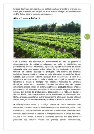 6
limpeza dos frutos com resíduos de calda bordalesa, proceder a imersão dos
frutos, por 5 minutos, em solução de ácido acético (vinagre), na concentração
de 2%. Deixar secar e proceder a embalagem.
Alface (Lectuca Sativa L)
Com o avanço dos trabalhos de melhoramento no país foi possível o
desenvolvimento de cultivares adaptadas ao calor e resistentes ao
pendoamento precoce. Atualmente, é possível, a partir da escolha da cultivar
adequada para cada época, colher alface de boa qualidade o ano todo,
também em sistema orgânico de produção. Para cultivos em sistemas
orgânicos deve-se escolher cultivares mais adaptadas às condições locais,
rústicas, que possuam sistema radicular bem desenvolvido e com boa
capacidade de exploração do solo e ainda maior nível de resistência ou
tolerância a pragas e doenças. Nos trabalhos realizados na Embrapa
Hortaliças, estão sendo avaliadas cultivares de alface dos três grupos
(americana, crespa e lisa) em sistema orgânico de produção. Nestes ensaios
procura-se incluir cultivares de alface atuais e também resgatar variedades
antigas. Em termos de produtividade, destacaram-se a Robinson, Laurel e
Madona AG.60 como mais produtivas dentre as cultivares de alface americana.
No tipo crespa apresentaram melhor desempenho a Simpson, Mônica e Grand
Rapids e do grupo Lisa tiveram destaque a Regina, Babá de Verão e a Aurélia.
A alface (Lactuca sativa L.), hortaliça folhosa de maior aceitação pelo
consumidor brasileiro, pertence à família botânica das asteraceae, assim como
o almeirão ou radiche e chicória. Esta hortaliça é boa fonte de vitaminas e sais
minerais, destacando-se a vitamina A, indispensável para a saúde dos olhos,
da pele e dos dentes. A alface é altamente perecível. Por este motivo é
produzida nos cinturões verdes dos grandes centros consumidores,
 