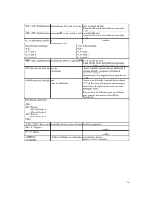 <UL></UL> Delimita lista não numerada Deve ser escrita ao início e ao final da lista.
                                                             Casa item da lista é antecedido da marcação
                                                             <LI>
<OL></OL> Delimita lista numerada Deve ser escrita ao início e ao final da lista.
                                                             Casa item da lista é antecedido da marcação
                                                             <LI>
<LI> Cada item de uma lis ta                                                        --o00o--
                            numerada ou não
Uma lista não numerada:                                Uma lista numerada
<UL>                                                  <OL>
<LI> item 1                                           <LI> item 1
<LI> item 2                                           <LI> item 2
<LI> item 3                                           <LI> item 3
</UL>                                                 </OL>
<DL></DL> Delimita lista de definições Deve ser escrita ao início e ao final da lista.
                                                             Cada item da lista é antecedido da marcação
                                                             <DT> ou <DD>, conforme explicado a seguir.
<DT> Entrada de título em lista de                            Insere um título em uma lista de definição. A
                            definições                       entrada de título vai aparecer alinhada à
                                                             esquerda da pági na.
                                                             Normalmente vem seguido de um item do tipo
                                                             <DD>
<DD> Entrada de definição em                                  Insere uma definição (antecedi do ou não por
                            lista de definições              <DT>). Este item vai aparecer numa margem
                                                             mais interna à página (como se tivesse uma
                                                             tabulação antes).
                                                             Fora de listas de definição pode ser utilizado
                                                             para produzir este mesmo efeito (Uma
                                                             “tabulação)
Uma lista de definições:

<DL>
<DT> Título 1
    <DD> definição a
    <DD> definição b
<DT> Título 2
    <DD> definição a
</DL>

<PRE></PRE> Texto pré-formatado Mantém a exata formatação do texto digitado.
<B></B> Negrito
                                                                                  --o00o--
<I></I> Itálico
                                                                                --o00o--
<ADRESS>                    Endereço Quanto a visualização, normalmente, apenas
</ADRESS>                                                   coloca o trecho em itálico.




                                                                                                              26
 