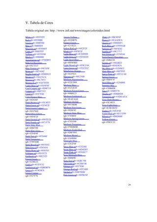 V. Tabela de Cores

Tabela original em: http: //www.infi.net/wwwimages/colorindex.html

White rgb=#FFFFFF             Green Yellow                  Pink rgb=#BC8F8F
Red rgb=#FF0000              rgb=#93DB70                   Plum rgb=#EAADEA
Green rgb=#00FF00            Hunter Green                  Quartz rgb=#D9D9F3
Blue rgb=#0000FF             rgb=#215E21                   Rich Blue rgb=#5959AB
Magenta rgb=#FF00FF          Indian Red rgb=#4E2F2F        Salmon rgb=#6F4242
Cyan rgb=#00FFFF             Khaki rgb=#9F9F5F             Scarlet rgb=#8C1717
Yellow rgb=#FFFF00           Light Blue rgb=#C0D9D9        Sea Green rgb=#238E68
Black rgb=#000000            Light Grey rgb=#A8A8A8        Semi-Sweet Chocolate
Aquamarine rgb=#70DB93       Light Steel Blue              rgb=#6B4226
Baker's Chocolate            rgb=#8F8FBD                   Sienna rgb=#8E6B23
rgb=#5C3317                  Light Wood rgb=#E9C2A6        Silver rgb=#E6E8FA
Blue Violet rgb=#9F5F9F      Lime Green rgb=#32CD32        Sky Blue rgb=#3299CC
Brass rgb=#B5A642            Mandarian Orange              Slate Blue rgb=#007FFF
Bright Gold rgb=#D9D919      rgb=#E47833                   Spicy Pink rgb=#FF1CAE
Brown rgb=#A62A2A            Maroon rgb=#8E236B            Spring Green
Bronze rgb=#8C7853           Medium Aquamarine             rgb=#00FF7F
Bronze II rgb=#A67D3D        rgb=#32CD99                   Steel Blue rgb=#236B8E
Cadet Blue rgb=#5F9F9F       Medium Blue                   Summer Sky
Cool Copper rgb=#D98719      rgb=#3232CD                   rgb=#38B0DE
Copper rgb=#B87333           Medium Forest Green           Tan rgb=#DB9370
Coral rgb=#FF7F00            rgb=#6B8E23                   Thistle rgb=#D8BFD8
Corn Flower Blue             Medium Goldenrod              Turquoise rgb=#ADEAEA
rgb=#42426F                  rgb=#EAEAAE                   Very Dark Brown
Dark Brown rgb=#5C4033       Medium Orchid                 rgb=#5C4033
Dark Green rgb=#2F4F2F       rgb=#9370DB                   Very Light Grey
Dark Green Copper            Medium Sea Green              rgb=#CDCDCD
rgb=#4A766E                  rgb=#426F42                   Violet rgb=#4F2F4F
Dark Olive Green             Medium Slate Blue             Violet Red rgb=#CC3299
rgb=#4F4F2F                  rgb=#7F00FF                   Wheat rgb=#D8D8BF
Dark Orchid rgb=#9932CD      Medium Spring Green           Yellow Green
Dark Purple rgb=#871F78      rgb=#7FFF00                   rgb=#99CC32
Dark Slate Blue              Medium Turquoise
rgb=#6B238E                  rgb=#70DBDB
Dark Slate Grey              Medium Violet Red
rgb=#2F4F4F                  rgb=#DB7093
Dark Tan rgb=#97694F         Medium Wood
Dark Turquoise               rgb=#A68064
rgb=#7093DB                  Midnight Blue
Dark Wood rgb=#855E42        rgb=#2F2F4F
Dim Grey rgb=#545454         Navy Blue rgb=#23238E
Dusty Rose rgb=#856363       Neon Blue rgb=#4D4DFF
                             Neon Pink rgb=#FF6EC7
Feldspar rgb=#D19275
                             New Midnight Blue
Firebrick rgb=#8E2323
                             rgb=#00009C
Forest Green
rgb=#238E23                  New Tan rgb=#EBC79E
Gold rgb=#CD7F32             Old Gold rgb=#CFB53B
                             Orange rgb=#FF7F00
Goldenrod rgb=#DBDB70
                             Orange Red rgb=#FF2400
Grey rgb=#C0C0C0
Green Copper                 Orchid rgb=#DB70DB
rgb=#527F76                  Pale Green rgb=#8FBC8F



                                                                                    29
 