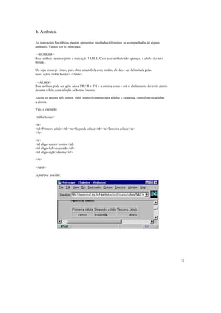 b. Atributos

As marcações das tabelas, podem apresentar resultados diferentes, se acompanhadas de alguns
atributos. Vamos ver os principais:

· <BORDER>
Esse atributo aparece junto a marcação TABLE. Caso esse atributo não apareça, a tabela não terá
bordas.

Ou seja, como já vimos, para obter uma tabela com bordas, ela deve ser delimitada pelas
marc ações <table border> </table>.

· <ALIGN>
Este atributo pode ser aplic ado a TR,TH e TD, e c ontrola como s erá o alinhamento do texto dentro
de uma célula, com relação às bordas laterais.

Aceita os valores left, center, right, respectivamente para alinhar a esquerda, centralizar ou alinhar
a direita.

Veja o exemplo:

<table border>

<tr>
<td>Primeira célula</td><td>Segunda célula</td><td>Terceira célula</td>
</tr>

<tr>
<td align=center>centro</td>
<td align=left>esquerda</td>
<td align=right>direita</td>

</tr>

</table>

Aparece ass im:




                                                                                                         32
 