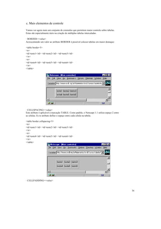 c. Mais elementos de controle

Vamos ver agora mais um conjunto de extensões que permitem maior controle sobre tabelas.
Estas são especialmente úteis na criação de múltiplas tabelas intercaladas.

· BORDER=<value>
Acrescentando um valor ao atributo BORDER é possível colocar tabelas em maior destaque:

<table border=5>
<tr>
<td>teste1</td> <td>teste2</td> <td>teste3</td>
</tr>
<tr>
<td>teste4</td> <td>teste5</td> <td>teste6</td>
</tr>
</table>




· CELLSPACING=<value>
Este atributo é aplicável à marcação TABLE. Como padrão, o Netscape 1.1 utiliza espaço 2 entre
as células. Es te atributo define o espaço entre cada célula na tabela.

<table border cellspacing=5>
<tr>
<td>teste1</td> <td>teste2</td> <td>teste3</td>
</tr>
<tr>
<td>teste4</td> <td>teste5</td> <td>teste6</td>
</tr>
</table>




· CELLPADDING=<value>



                                                                                                 36
 