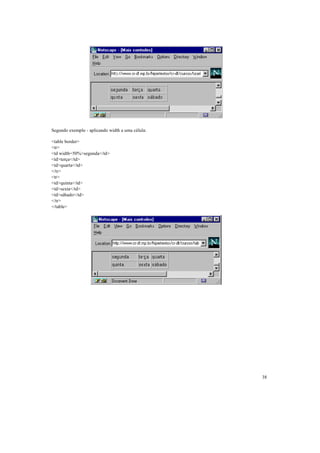Segundo exemplo - aplicando width a uma célula:

<table border>
<tr>
<td width=50%>segunda</td>
<td>terça</td>
<td>quarta</td>
</tr>
<tr>
<td>quinta</td>
<td>sexta</td>
<td>sábado</td>
</tr>
</table>




                                                  38
 