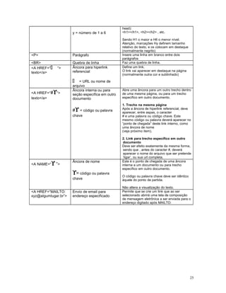 y = número de 1 a 6
head):
<h1></h1>, <h2></h2> , etc.
Sendo H1 o maior e H6 o menor nível.
Atenção, marcações Hy definem tamanho
relativo do texto, e os colocam em destaque
(normalmente negrito)
<P> Parágrafo Insere uma linha em branco entre dois
parágrafos
<BR> Quebra de linha Faz uma quebra de linha.
<A HREF=“ “>
texto</a>
Âncora para hiperlink
referencial
 = URL ou nome de
arquivo
Define um link.
O link vai aparecer em destaque na página
(normalmente outra cor e sublinhado)
<A HREF=“#ϒ“>
texto</a>
Âncora interna ou para
seção específica em outro
documento
#ϒ = código ou palavra
chave
Abre uma âncora para um outro trecho dentro
de uma mesma página, ou para um trecho
específico em outro documento.
1. Trecho na mesma página
Após a âncora de hiperlink referencial, deve
aparecer, entre aspas, o caracter
# e uma palavra ou código chave. Este
mesmo código ou palavra deverá aparecer no
“ponto de chegada” deste link interno, como
uma âncora de nome
(veja próximo item).
2. Link para trecho específico em outro
documento
Deve ser efeito exatamente da mesma forma,
sendo que , antes do caracter #, deverá
aparecer o nome do arquivo que ser pretende
‘ligar’, ou sua url completa.
<A NAME=“ϒ “>
Âncora de nome
ϒ= código ou palavra
chave
Este é o ponto de chegada de uma âncora
interna a um documento ou para trecho
específico em outro documento.
O código ou palavra chave deve ser idêntico
àquele do ponto de partida.
Não altera a visualização do texto.
<A HREF=“MAILTO:
xyz@algumlugar.br”>
Envio de email para
endereço especificado
Permite que se crie um link que ao ser
selecionado abrirá uma tela de composição
de mensagem eletrônica a ser enviada para o
endereço digitado após MAILTO:
25
 