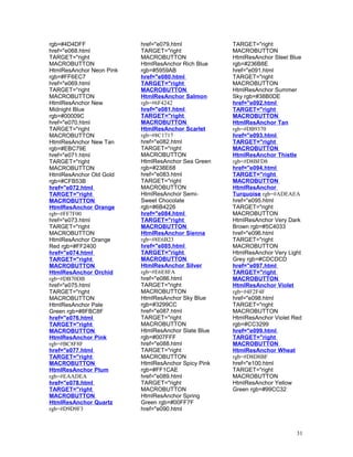 rgb=#4D4DFF
href="e068.html
TARGET="right
MACROBUTTON
HtmlResAnchor Neon Pink
rgb=#FF6EC7
href="e069.html
TARGET="right
MACROBUTTON
HtmlResAnchor New
Midnight Blue
rgb=#00009C
href="e070.html
TARGET="right
MACROBUTTON
HtmlResAnchor New Tan
rgb=#EBC79E
href="e071.html
TARGET="right
MACROBUTTON
HtmlResAnchor Old Gold
rgb=#CFB53B
href="e072.html
TARGET="right
MACROBUTTON
HtmlResAnchor Orange
rgb=#FF7F00
href="e073.html
TARGET="right
MACROBUTTON
HtmlResAnchor Orange
Red rgb=#FF2400
href="e074.html
TARGET="right
MACROBUTTON
HtmlResAnchor Orchid
rgb=#DB70DB
href="e075.html
TARGET="right
MACROBUTTON
HtmlResAnchor Pale
Green rgb=#8FBC8F
href="e076.html
TARGET="right
MACROBUTTON
HtmlResAnchor Pink
rgb=#BC8F8F
href="e077.html
TARGET="right
MACROBUTTON
HtmlResAnchor Plum
rgb=#EAADEA
href="e078.html
TARGET="right
MACROBUTTON
HtmlResAnchor Quartz
rgb=#D9D9F3
href="e079.html
TARGET="right
MACROBUTTON
HtmlResAnchor Rich Blue
rgb=#5959AB
href="e080.html
TARGET="right
MACROBUTTON
HtmlResAnchor Salmon
rgb=#6F4242
href="e081.html
TARGET="right
MACROBUTTON
HtmlResAnchor Scarlet
rgb=#8C1717
href="e082.html
TARGET="right
MACROBUTTON
HtmlResAnchor Sea Green
rgb=#238E68
href="e083.html
TARGET="right
MACROBUTTON
HtmlResAnchor Semi-
Sweet Chocolate
rgb=#6B4226
href="e084.html
TARGET="right
MACROBUTTON
HtmlResAnchor Sienna
rgb=#8E6B23
href="e085.html
TARGET="right
MACROBUTTON
HtmlResAnchor Silver
rgb=#E6E8FA
href="e086.html
TARGET="right
MACROBUTTON
HtmlResAnchor Sky Blue
rgb=#3299CC
href="e087.html
TARGET="right
MACROBUTTON
HtmlResAnchor Slate Blue
rgb=#007FFF
href="e088.html
TARGET="right
MACROBUTTON
HtmlResAnchor Spicy Pink
rgb=#FF1CAE
href="e089.html
TARGET="right
MACROBUTTON
HtmlResAnchor Spring
Green rgb=#00FF7F
href="e090.html
TARGET="right
MACROBUTTON
HtmlResAnchor Steel Blue
rgb=#236B8E
href="e091.html
TARGET="right
MACROBUTTON
HtmlResAnchor Summer
Sky rgb=#38B0DE
href="e092.html
TARGET="right
MACROBUTTON
HtmlResAnchor Tan
rgb=#DB9370
href="e093.html
TARGET="right
MACROBUTTON
HtmlResAnchor Thistle
rgb=#D8BFD8
href="e094.html
TARGET="right
MACROBUTTON
HtmlResAnchor
Turquoise rgb=#ADEAEA
href="e095.html
TARGET="right
MACROBUTTON
HtmlResAnchor Very Dark
Brown rgb=#5C4033
href="e096.html
TARGET="right
MACROBUTTON
HtmlResAnchor Very Light
Grey rgb=#CDCDCD
href="e097.html
TARGET="right
MACROBUTTON
HtmlResAnchor Violet
rgb=#4F2F4F
href="e098.html
TARGET="right
MACROBUTTON
HtmlResAnchor Violet Red
rgb=#CC3299
href="e099.html
TARGET="right
MACROBUTTON
HtmlResAnchor Wheat
rgb=#D8D8BF
href="e100.html
TARGET="right
MACROBUTTON
HtmlResAnchor Yellow
Green rgb=#99CC32
31
 