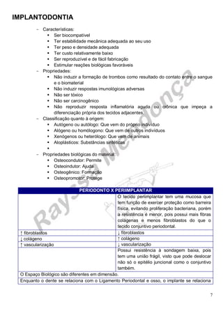 IMPLANTODONTIA
7
- Características:
 Ser biocompatível
 Ter estabilidade mecânica adequada ao seu uso
 Ter peso e densidade adequada
 Ter custo relativamente baixo
 Ser reproduzível e de fácil fabricação
 Estimular reações biológicas favoráveis
- Propriedades:
 Não induzir a formação de trombos como resultado do contato entre o sangue
e o biomaterial
 Não induzir respostas imunológicas adversas
 Não ser tóxico
 Não ser carcinogênico
 Não reproduzir resposta inflamatória aguda ou crônica que impeça a
diferenciação própria dos tecidos adjacentes.
- Classificação quanto à origem:
 Autógeno ou autólogo: Que vem do próprio indivíduo
 Alógeno ou homólogono: Que vem de outros indivíduos
 Xenógenos ou heterólogo: Que vem de animais
 Aloplásticos: Substâncias sintéticas

- Propriedades biológicas do material:
 Osteocondutor: Permite
 Osteoindutor: Ajuda
 Osteogênico: Formação
 Osteopromotor: Protege
PERIODONTO X PERIIMPLANTAR
O tecido periimplantar tem uma mucosa que
tem função de exercer proteção como barreira
física, evitando proliferação bacteriana, porém
a resistência é menor, pois possui mais fibras
colágenas e menos fibroblastos do que o
tecido conjuntivo periodontal.
↑ fibroblastos ↓ fibroblastos
↓ colágeno ↑ colágeno
↑ vascularização ↓ vascularização
Possui resistência à sondagem baixa, pois
tem uma união frágil, visto que pode deslocar
não só o epitélio juncional como o conjuntivo
também.
O Espaço Biológico são diferentes em dimensão.
Enquanto o dente se relaciona com o Ligamento Periodontal e osso, o implante se relaciona
 