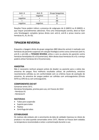 Anti- A              Anti- B         Grupo Sanguíneo
        +                 negativo                A
     negativo                +                    B
        +                    +                   AB
     negativo             negativo                O

Reações fracas podem indicar a presença de subgrupos de A (ABO1) ou B (ABO2), o
que requer procedimentos adicionais. Para uma interpretação correta, deve-se fazer
uma fenotipagem completa (prova direta com anti-A, anti-B e prova reversa com
hemácias A1, A2, B e O).


TIPAGEM REVERSA

Enquanto a tipagem direta do grupo sanguíneo ABO (descrito acima) é realizado com
hemácias do paciente suspensas em solução fisiológica contra soros comerciais (anti-A,
anti-B e anti-AB); a TIPAGEM REVERSA utiliza o soro ou plasma do paciente contra
hemácias fenotipadas A1 e B (comerciais). Além destas duas hemácias A1 e B, o serviço
poderá utilizar hemácias A2 e O (comerciais).


AMOSTRA
Não é necessário nenhum preparo prévio do doador ou paciente para a coleta das
amostras de sangue. Para melhores resultados utilizar, de preferência, amostras
recentemente colhidas ou em conformidade com os critérios locais de aceitação de
amostras. As amostras de sangue podem ser colhidas com anticoagulantes (Citrato
EDTA ou CPD-A) ou sem anticoagulante.

COMPONENTES DO KIT
Conservar entre 2-8 C.
Hemácias fenotipadas, prontas para uso, em frascos de 10ml
- Hemácias A1
- Hemácias B

MATERIAIS
   Tubos para suspensão
   Suporte para tubos
   Pipetas
   Centrifuga de tubos

ESTABILIDADE
Os reativos são estáveis até o vencimento da data de validade impressa no rótulo do
produto e na caixa quando conservados entre 2-8 C. Manter os frascos bem vedados
na temperatura recomendada e evitar a contaminação durante o uso.
 
