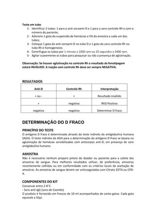 Teste em tubo
   1- Identificar 2 tubos: 1 para o anti-soroanti-D e 1 para o soro controle-Rh e com o
       número do paciente;
   2- Adicione 1 gota da suspensão de hemácias a 5% da amostra a cada um dos
       tubos;
   3- Coloque 1 gota do anti-soroanti-D no tubo D e 1 gota do soro controle Rh no
       tubo Rh e homogeneíze;
   4- Centrifugue os tubos por 1 minuto a 1000 rpm ou 20 segundos a 3400 rpm.
   5- Agitar suavemente os tubos para pesquisar ou não a presença de aglutinação.

Observação: Se houver aglutinação no controle Rh o resultado da fenotipagem
estará INVÁLIDO. A reação com controle Rh deve ser sempre NEGATIVA.



RESULTADOS
         Anti-D                   Controle Rh                Interpretação

         + ou -                        +                  Resultado inválido

            +                       negativo                 RhD Positivo

        negativo                    negativo              Determinar D fraco


DETERMINAÇÃO DO D FRACO
PRINCÍPIO DO TESTE
O antígeno D fraco é determinado através do teste indireto da antiglobulina humana
(AGH). O teste indireto da AGH para a determinação do antígeno D fraco se baseia na
aglutinação de hemácias sensibilizadas com anticorpos anti-D, em presença de soro
antiglobulina humano.

AMOSTRA
Não é necessário nenhum preparo prévio do doador ou paciente para a coleta das
amostras de sangue. Para melhores resultados utilizar, de preferência, amostras
recentemente colhidas ou em conformidade com os critérios locais de aceitação de
amostras. As amostras de sangue devem ser anticoaguladas com Citrato EDTA ou CPD-
A.

COMPONENTES DO KIT
Conservar entre 2-8 C.
- Soro anti-IgG (soro de Coombs)
O produto é fornecido em frascos de 10 ml acompanhados de conta-gotas. Cada gota
equivale a 50μl.
 