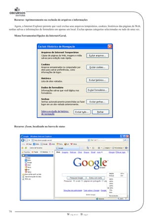 74
W a g n e r B u g s
U
Recurso: Aprimoramento na exclusão de arquivos e informações
Agora, o Internet Explorer permite que você exclua seus arquivos temporários, cookies, históricos das páginas da Web,
senhas salvas e informações de formulário em apenas um local. Exclua apenas categorias selecionadas ou tudo de uma vez.
Menu Ferramentas/Opções da Internet/Geral.
Recurso: Zoom, localizado na barra de status
 