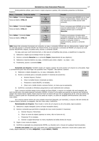 INFORMÁTICA PARA CONCURSOS PÚBLICOS                                         17

        Ainda podemos utilizar, para mover e copiar arquivos e pastas, três comandos presentes no Windows
Explorer:

Menu / Comando - Tecla de atalho                  Ferramenta                    Função

Menu Editar / Comando Recortar                                                  Inicia o processo para MOVER um ou mais
                                                                                arquivos selecionados. Basta selecionar
Tecla de Atalho: CTRL+X                                                         o(s) arquivo(s) e então acionar este
                                                                                comando.


Menu Editar / Comando Copiar                                                    Inicia o processo para COPIAR um ou mais
                                                                                arquivos selecionados. É acionado da
Tecla de Atalho: CTRL+C                                                         mesma maneira que o comando
                                                                                Recortar.


Menu Editar / Comando Colar                                                     Finaliza os processos iniciados pelos
                                                                                comandos anteriores. Ou seja, para um
Tecla de Atalho: CTRL+V                                                         MOVER ou COPIAR arquivos é necessário
                                                                                acionar o comando inicial, e,
                                                                                posteriormente, acionar o comando
                                                                                COLAR.

OBS: Esses três comandos funcionam em conjunto, ou seja, o comando COPIAR não irá, efetivamente, realizar nada
se você não acionar o comando COLAR. Da mesma forma, só se executa o comando de MOVER um arquivo se você
acionar RECORTAR e depois, na pasta certa, acionar o comando COLAR.
          Ou seja, para que você memorize bem, e não caia em armadilhas das provas, a seqüência é a seguinte:
     1)    Selecione o objeto que se deseja mover ou copiar;
     2)    Acione o comando Recortar ou o comando Copiar (dependendo do seu objetivo);
     3)    Selecione o local de destino (ou seja, o diretório para onde o objeto – ou cópia – vai);
     4)    Finalmente, acione o comando Colar.


         Excluindo um Arquivo: Também existe um “passo a passo” de como excluir um arquivo ou uma pasta. Siga-
o corretamente para não escorregar nas questões mais “fingidas”. São apenas 3 passos:
          1)   Selecione o objeto desejado (ou, no caso, indesejado, não é?);
          2)   Acione o comando para a exclusão (existem 4 maneiras de acioná-lo):
                    a.   Acionar Arquivo / Excluir;
                    b.   Clicar no botão Excluir (mostrado ao lado);
                    c.   Pressionar a tecla DELETE, no teclado;
                    d.   Clicar com o botão direito e acionar Excluir, no menu que se apresenta.
          3)   Confirme a exclusão (o Windows perguntará se você realmente tem certeza).
          Caso o arquivo excluído esteja numa unidade de Disco Rígido, o arquivo na verdade não será apagado, ele
será movido para uma pasta especial chamada LIXEIRA. A lixeira é uma pasta que guarda os arquivos que tentamos
apagar dos nossos discos rígidos. Esses arquivos ficam na lixeira até que nós os apaguemos de lá. Uma vez dentro da
lixeira, o arquivo pode ser recuperado para sua pasta de origem, ou pode ser apagado definitivamente (não tendo
mais volta).
         Se o arquivo estiver dentro de uma unidade removível (disquete, por exemplo), o arquivo não tem direito de
ir para a lixeira, portanto, se apagado, não tem mais volta, é definitivo.
          Renomeando um Arquivo: Para mudar o nome de um arquivo ou de uma pasta, siga os passos:
     1)    Selecione o objeto desejado (como se fosse necessário dizer);
     2)    Acione o comando que permitirá a inserção do novo nome (existem 4 maneiras)
               a.   Acionar Arquivo / Renomear;
               b.   Clicar no nome do objeto (apenas no nome, não no ícone em si);
               c.   Pressionar F2 no teclado;
               d.   Acionar a opção Renomear no menu resultante do botão direito do mouse.
     3)    Digite o novo nome do objeto;
     4)    Confirme a operação (ou pressionando ENTER, ou clicando com o mouse em qualquer local da janela);
         Criando uma pasta: para criar uma pasta com o Windows Explorer, selecione o local onde a pasta será
criada, depois selecione, no menu ARQUIVO, a opção NOVO / PASTA.
 