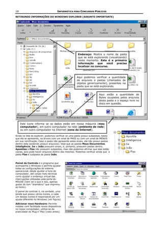 18                                    INFORMÁTICA PARA CONCURSOS PÚBLICOS

RETIRANDO INFORMAÇÕES DO WINDOWS EXPLORER (ASSUNTO IMPORTANTE)




                                                      Endereço: Mostra o nome da pasta
                                                      que se está explorando (visualizando)
                                                      neste momento. Esta é a primeira
                                                      informação     que   você    precisa
                                                      localizar no concurso.



                                                     Aqui podemos verificar a quantidade
                                                     de arquivos e pastas (chamados de
                                                     objetos genericamente), presentes na
                                                     pasta que se está explorando.


                                                                        Aqui estão a quantidade de
                                                                        Bytes ocupados pelos arquivos
                                                                        desta pasta e o espaço livre no
                                                                        disco em questão.




     Este ícone informa se os dados estão em nossa máquina (meu
     computador), em outro computador na rede (ambiente de rede)
     ou em outro computador na Internet (zona da Internet).

Ainda na tela do explorer, podemos verificar se uma pasta possui subpastas, basta
que ela se apresente, na árvore com um sinal de MAIS ou com um sinal de MENOS
em sua ramificação. Caso a pasta não apresente estes sinais, ela não possui pastas
dentro dela (podendo possuir arquivos). Veja que as pastas Meus Documentos,
Inteligência, Iw e João possuem sinais, e, portanto, possuem pastas dentro.
Apostilas e Flas não possuem subpastas, mas não podemos afirmar que elas estão
vazias, pois pode haver arquivos dentro das mesmas. Podemos verificar ainda que a
pasta Flas é subpasta da pasta João.


Painel de Controle é o programa que
acompanha o Windows e permite ajustar
todas as configurações do sistema
operacional, desde ajustar a hora do
computador, até coisas mais técnicas
como ajustar o endereço virtual das
interrupções utilizadas pela porta do
MOUSE (nem sei o que é isso, apenas
gostei do tom “dramático” que imprimiu
ao texto).
O painel de controle é, na verdade, uma
janela que possui vários ícones, e cada
um desses ícones é responsável por um
ajuste diferente no Windows (ver figura):
Adicionar novo Hardware: Permite
instalar com facilidade novos dispositivos
no nosso computador, utiliza-se da
praticidade do Plug n’ Play (visto antes).
 