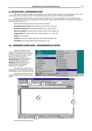 INFORMÁTICA PARA CONCURSOS PÚBLICOS                                        29


5 - APLICATIVOS – PROGRAMAS ÚTEIS
         Não existiria nenhuma função no computador se este não possuísse programas que pudéssemos usar na vida
profissional, estes programas que têm funções definidas para nosso uso são chamados de APLICATIVOS.
         Os aplicativos estão divididos (acho que de forma didática) em várias categorias, como: Processadores de
texto, Planilhas, Bancos de Dados, Linguagens de Programação, Jogos, Ilustradores gráficos, Animadores, Programas
de Comunicação e assim vai...
        Abaixo estão listados alguns dos mais comuns programas:
        Processadores de Texto: Microsoft Word, Word Perfect, Carta, etc...
        Planilha de Cálculos: Microsoft Excel, Quattro Pro, Lotus 123, etc...
        Bancos de Dados: Microsoft Access, Paradox, SQL, Oracle, dBase, etc...
        Programação: Microsoft Visual Basic, Delphi, Clipper, C++, Java, etc...
        Jogos: Uma infinidade...
        Gráficos: Corel Draw, Adobe Illustrator, Macromedia Freehand, etc...
        Animação: Macromedia Flash, Macromedia Director, etc...


5.1 - MICROSOFT WORD 2000 – PROCESSADOR DE TEXTOS


         Quando o negócio é texto
(cartas, memorandos, ofícios, livros,
apostilas), o programa que precisamos
é um processador de textos. O mais
famoso, e cheio de recursos,
processador de textos do mundo é o
Microsoft Word. Fabricado pela
mesma empresa que fabrica o
Windows, este programa já teve
várias versões, e se encontra
atualmente na versão XP.
         Para executar o Word deve-se
clicar no seu ícone, presente no menu
PROGRAMAS, a partir do Botão INICIAR
       Quando executamos o Word, o
programa aparece com um documento
vazio:



                               1
                                                     2




                                              3

                                                                                                   4




                                          5
        Componentes da tela do Word:
 